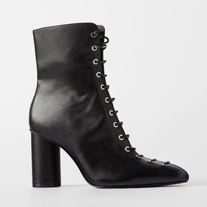 ZARA Black Leather Lace Up High Heel Boots